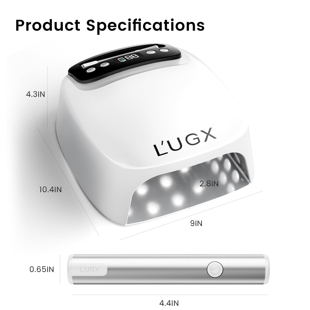 L'UGX in use on nails showing generous curing space for full-hand manicures