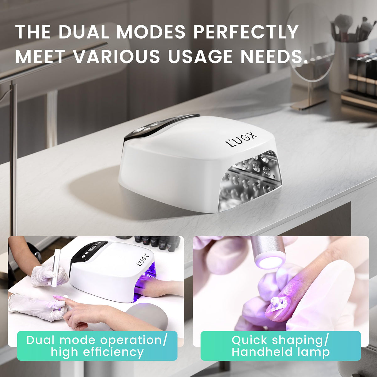 L'UGX 2 in 1 UV nail lamp side view emphasizes portable cordless design