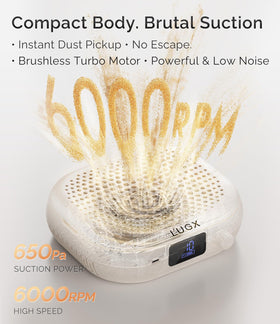 L'UGX dust collector side-profile highlights portability and cordless operation for mobile studios.