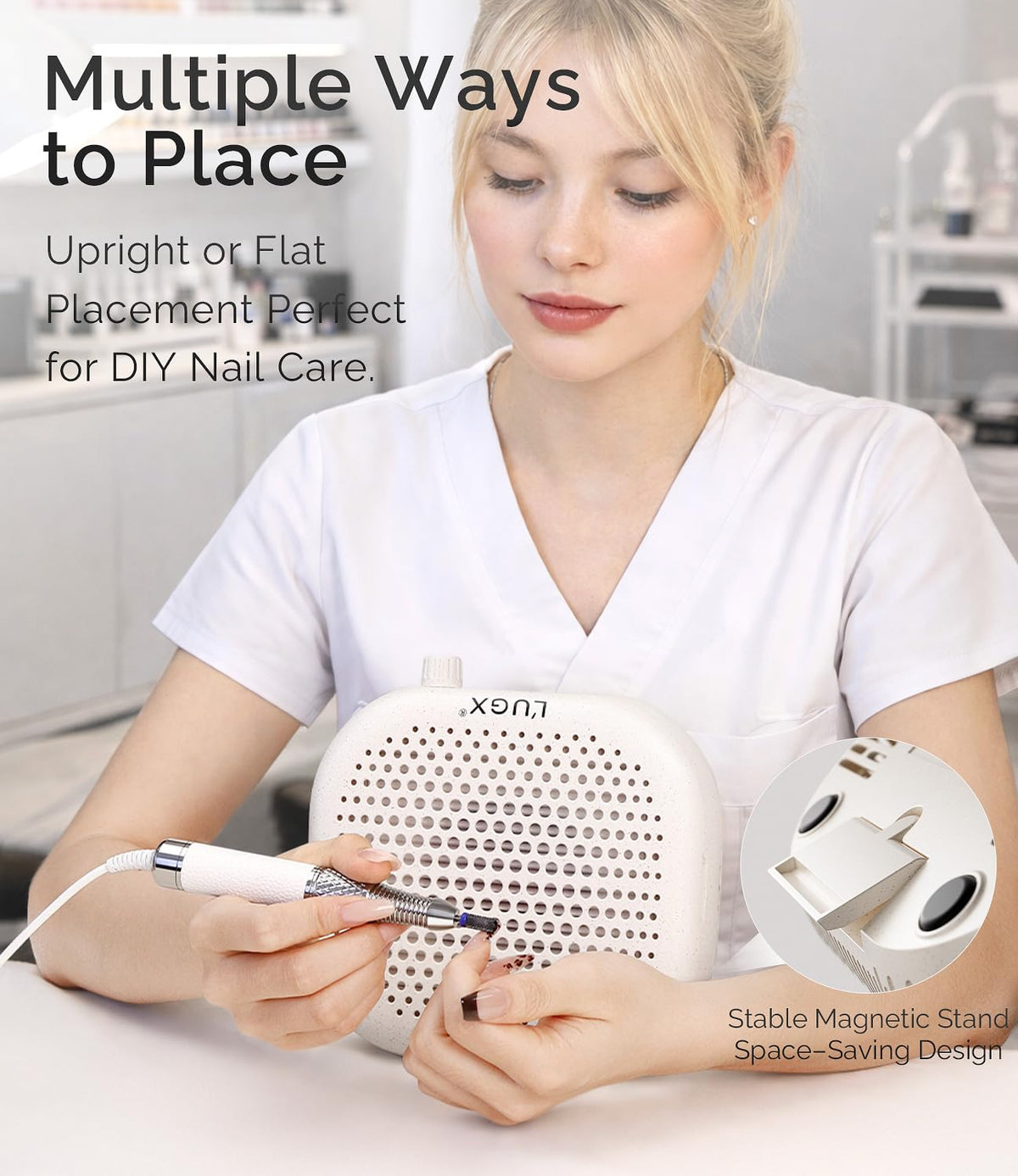 L'UGX nail dust collector charging view shows quick Type-C charging and long runtime.