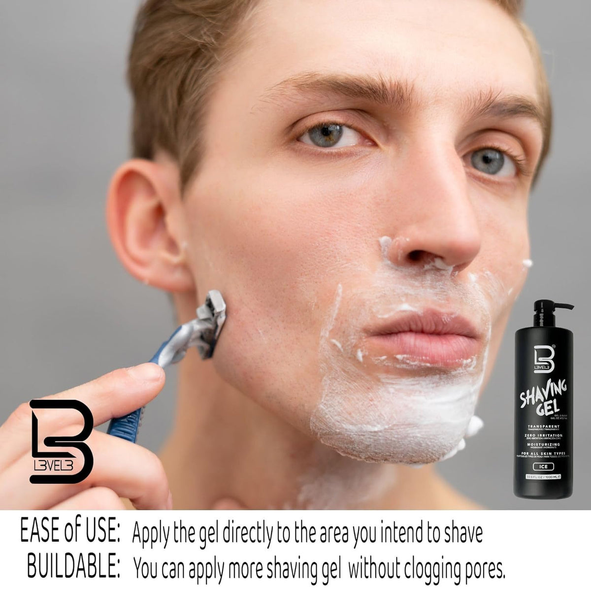 L3 Level 3 Shaving Gel: easy to apply, just wet skin and go.