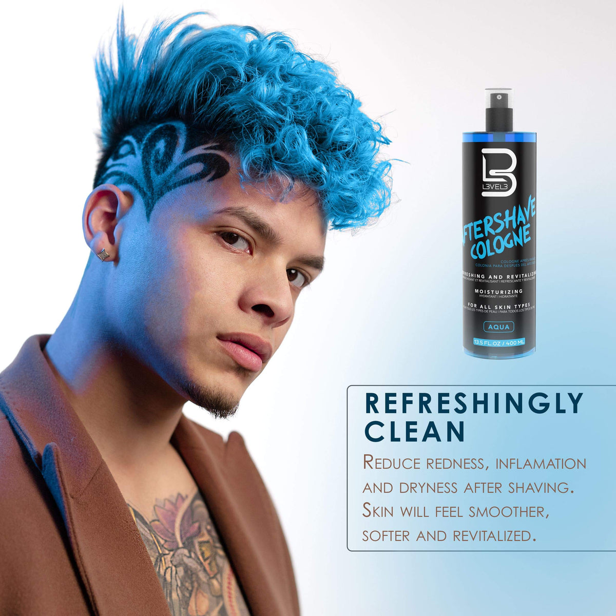 L3 Level 3 aftershave bottle hydrates and conditions skin after shaving.