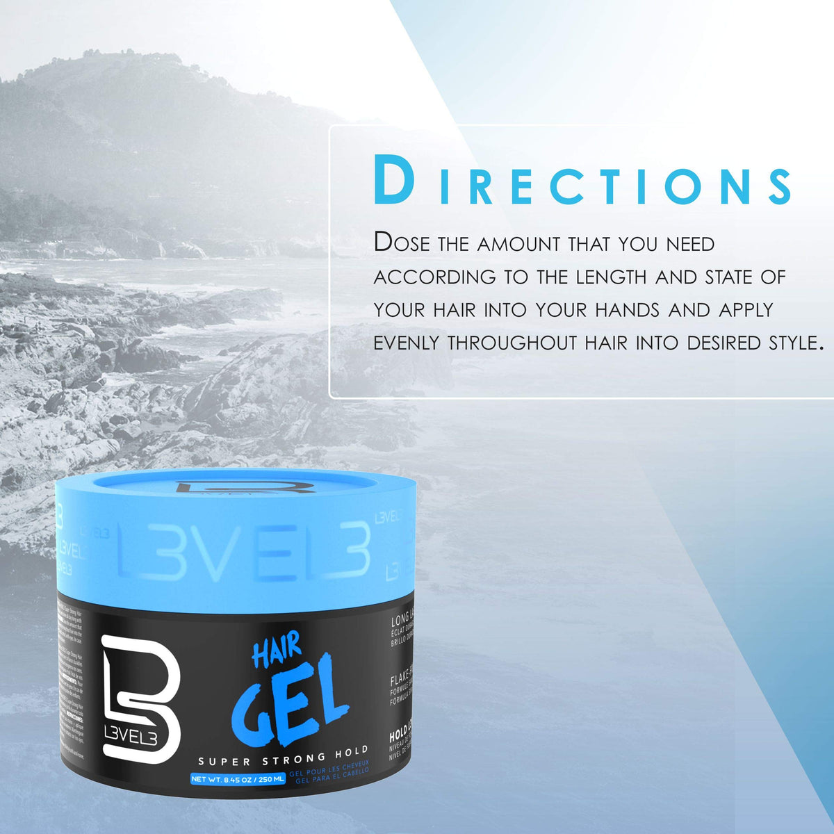 L3 Level 3 Hair Gel provides super strong hold for day-long styles.