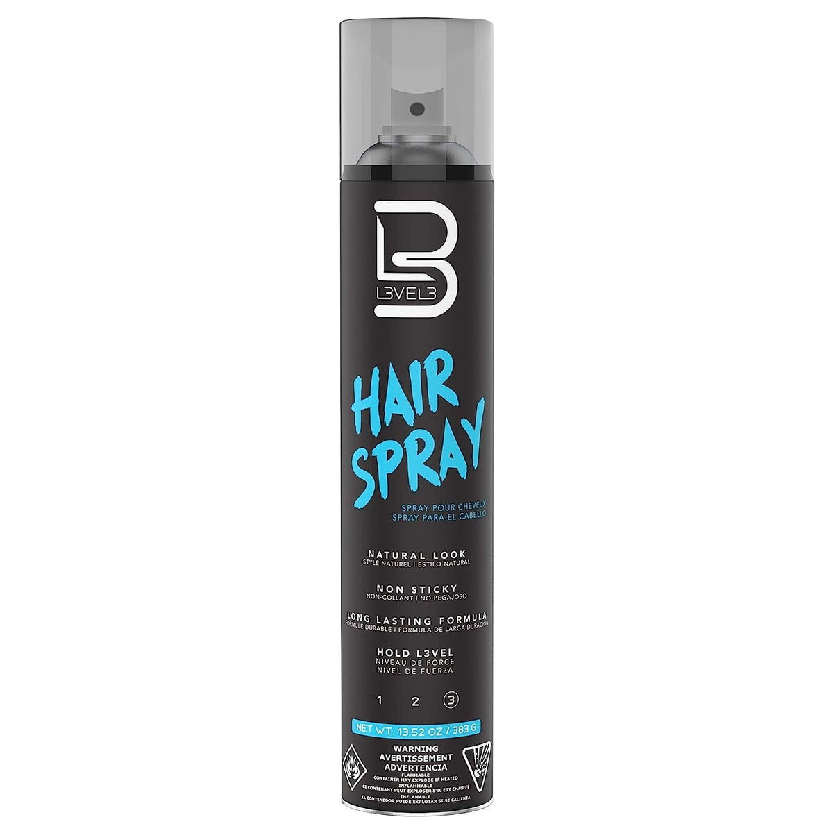 L3 Level 3 Hair Spray bottle demonstrates long-lasting hold across hair types.