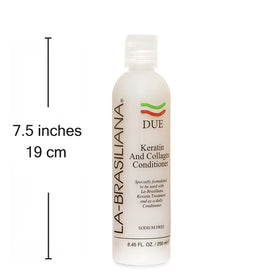 La-Brasiliana Due Keratin and Collagen Conditioner label details emphasizing keratin and collagen benefits
