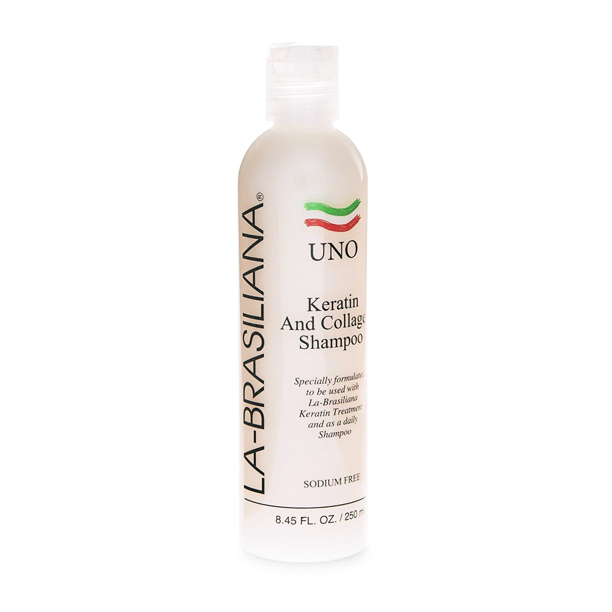 La-Brasiliana Uno keratin shampoo bottle nourishes chemically treated hair.