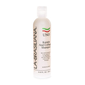 La-Brasiliana Uno keratin shampoo bottle nourishes chemically treated hair.