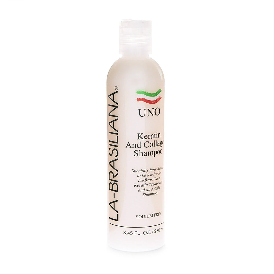 La-Brasiliana Uno keratin shampoo bottle nourishes chemically treated hair.