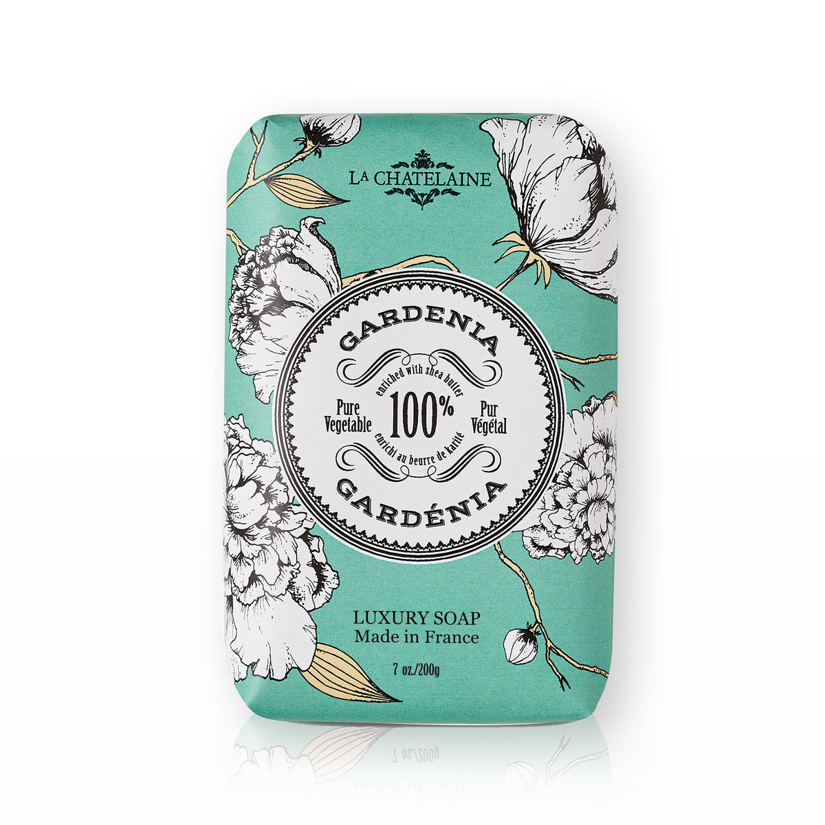 La Chatelaine Gardenia soap bar lather close-up for silky cleansing
