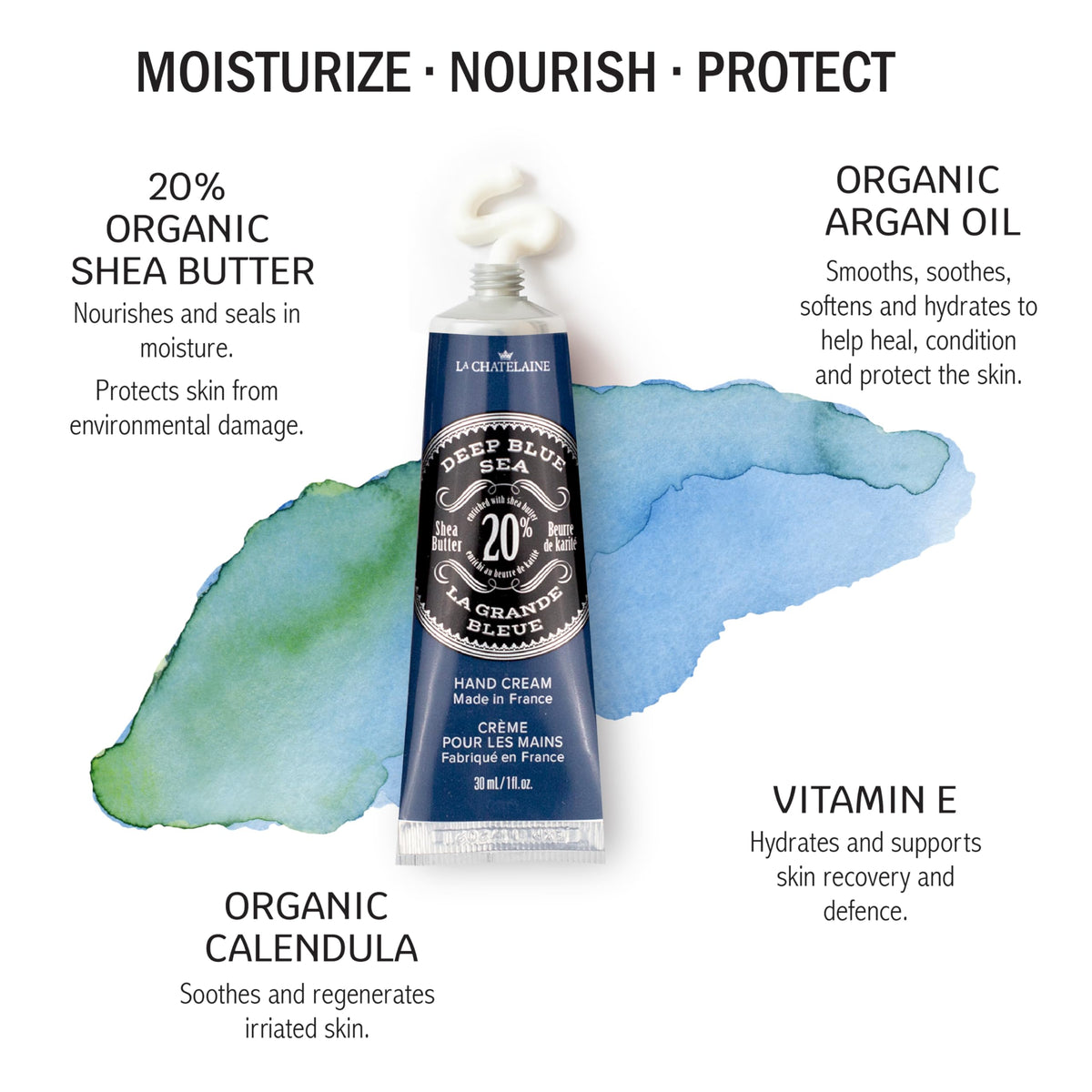 La Chatelaine Deep Blue Sea hand cream with ocean-inspired moisture.