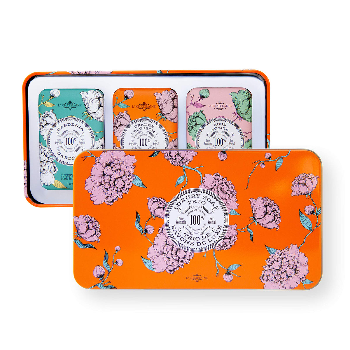 La Chatelaine Orange Soap Trio Gardenia: luxurious lather for gentle cleansing and skin nourishment.