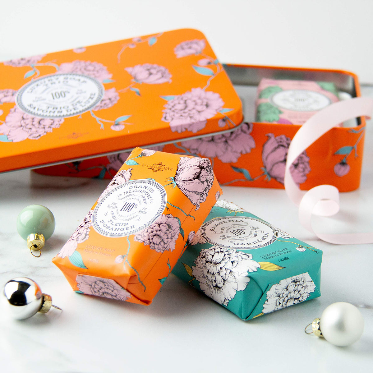 La Chatelaine Orange Soap Trio Luxury Lather Close-up: triple milled perfection.