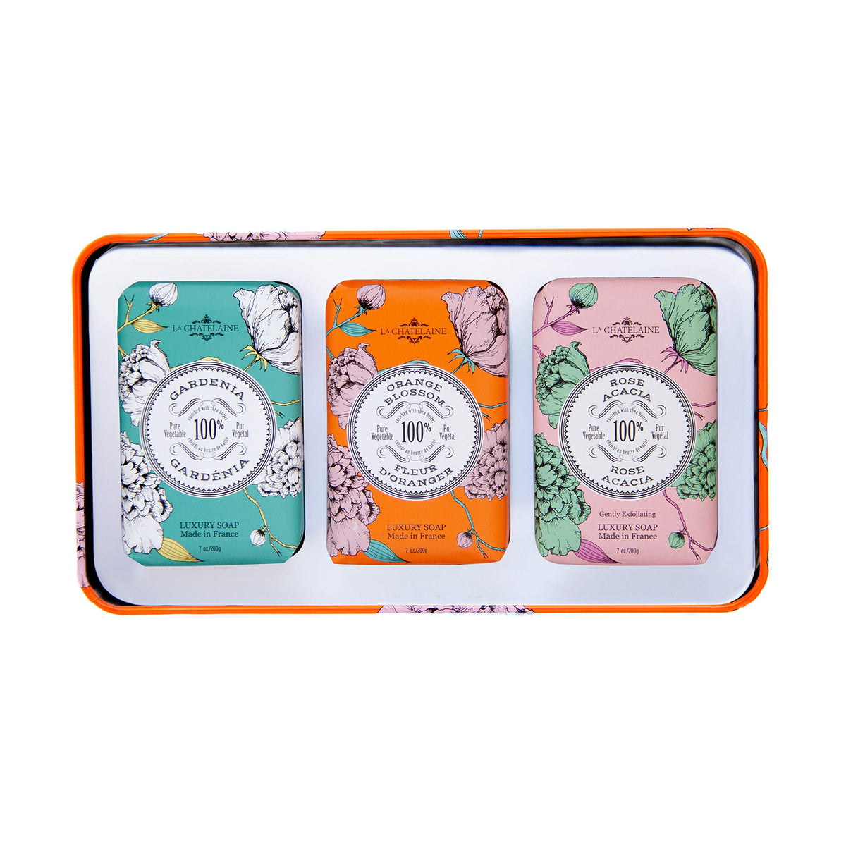 La Chatelaine Orange Soap Trio Rose Acacia: plant-based formula for daily cleansing.