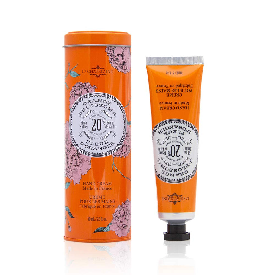 La Chatelaine shea butter hand cream in orange blossom tin provides deep hydration for dry hands