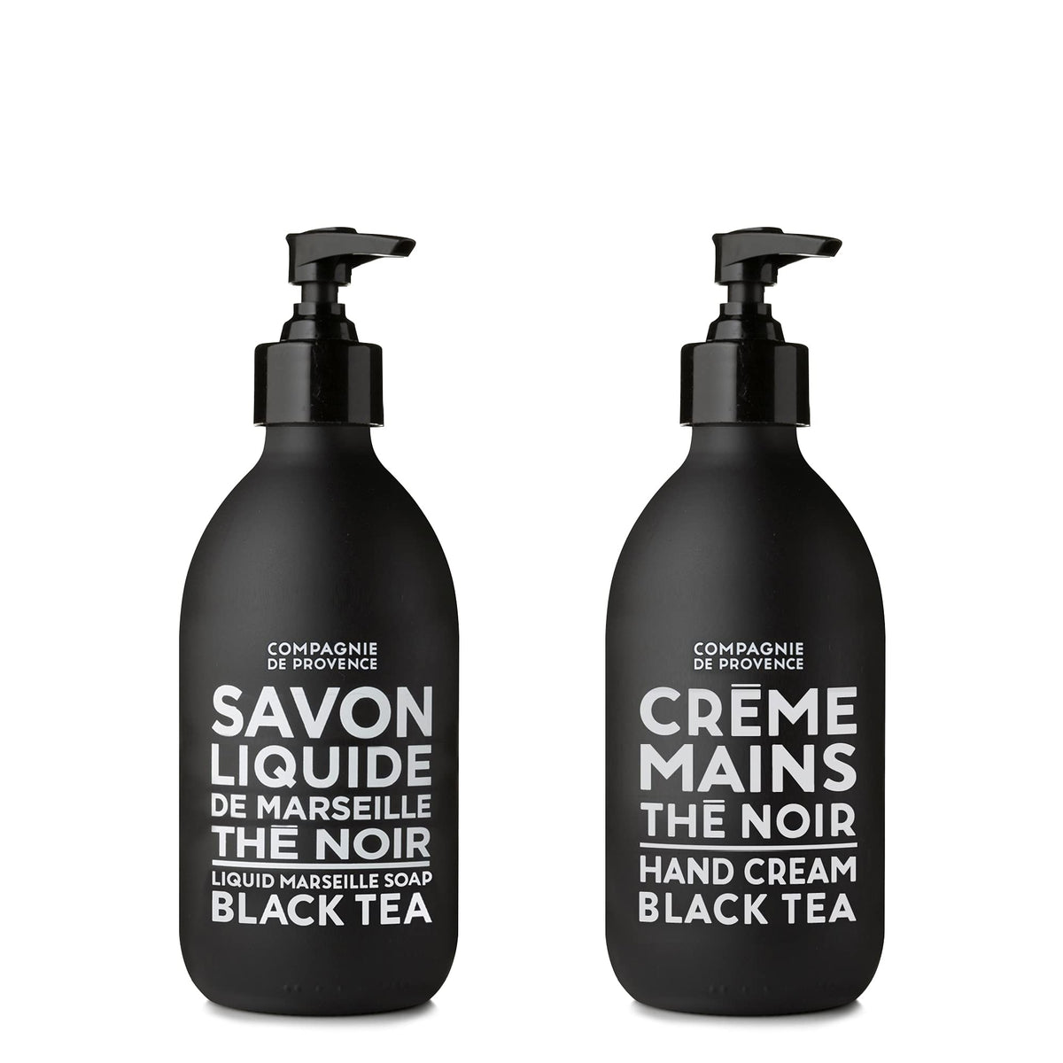 La Compagnie de Provence Black Tea liquid soap bottle on sink for refreshing cleansing.