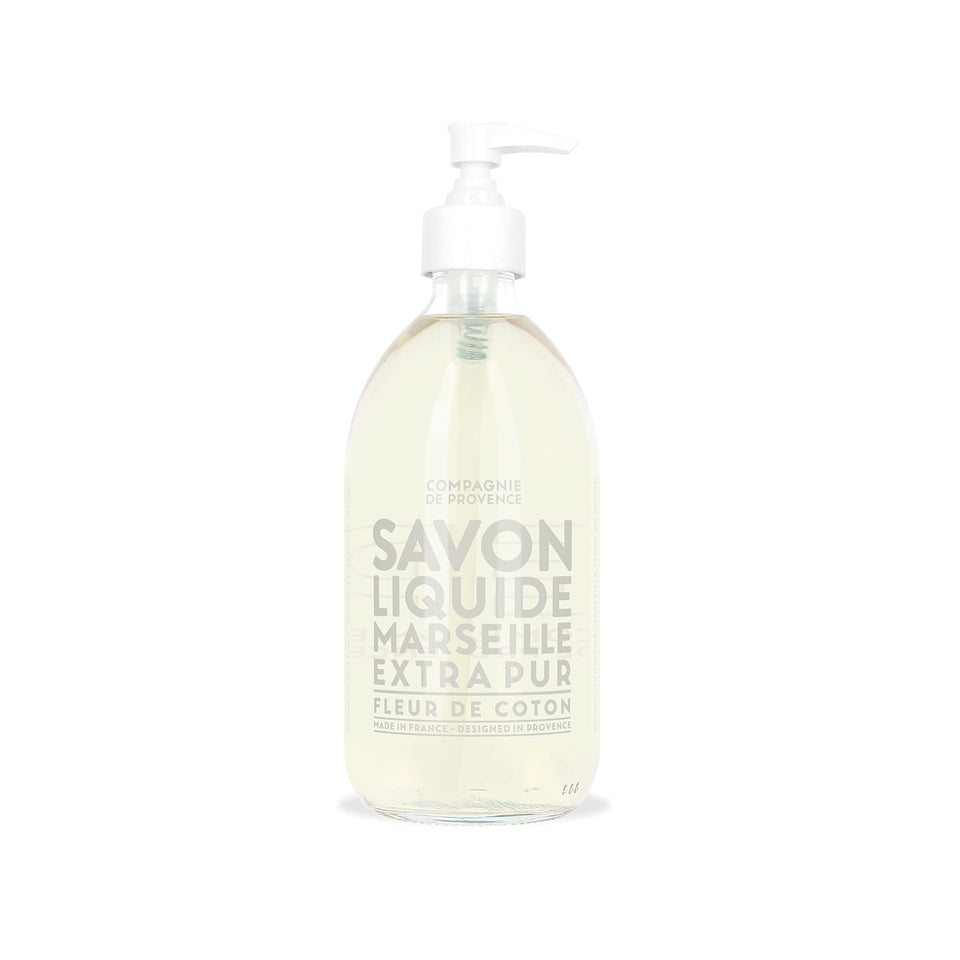 La Compagnie de Provence Cotton Flower bottle with pump for easy hand washing.
