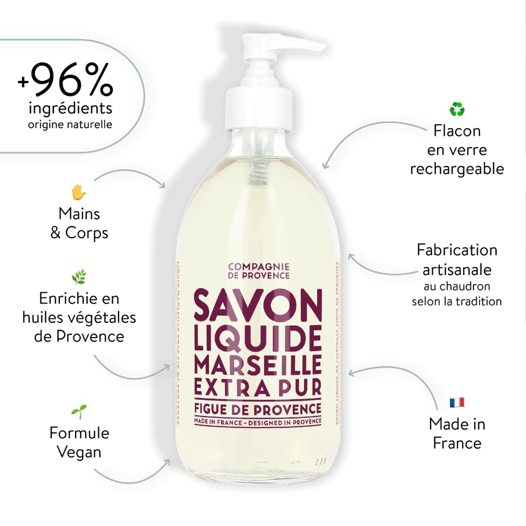 La Compagnie de Provence Fig of Provence liquid soap bottle highlights fragrance for daily use.