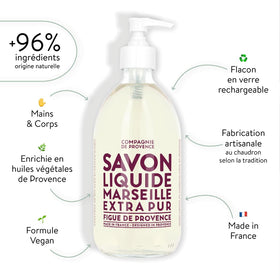 La Compagnie de Provence Fig of Provence liquid soap bottle highlights fragrance for daily use.