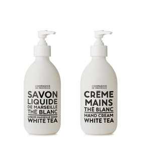 La Compagnie de Provence liquid soap bottle White Tea offers gentle cleansing.
