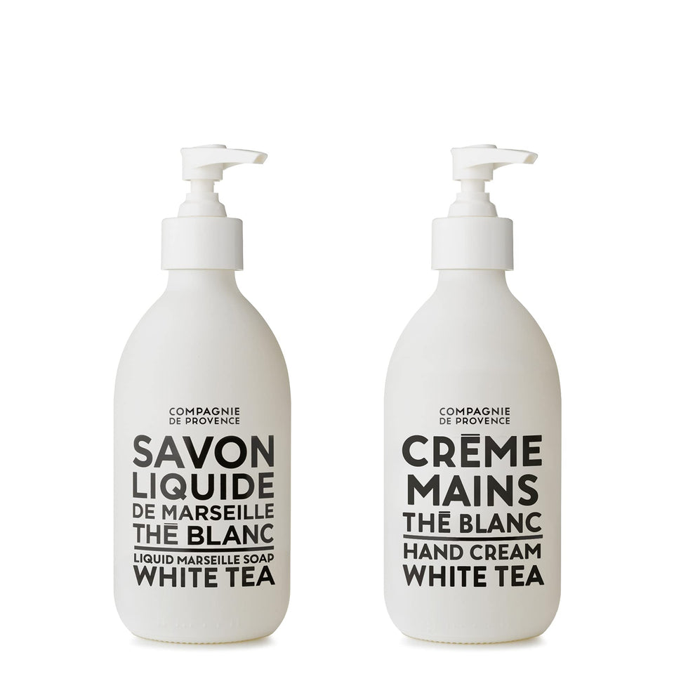 La Compagnie de Provence liquid soap bottle White Tea offers gentle cleansing.