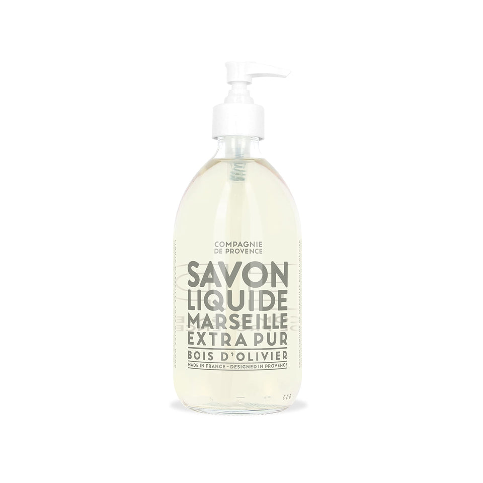 La Compagnie de Provence olive wood liquid soap bottle with pump for everyday hand washing.