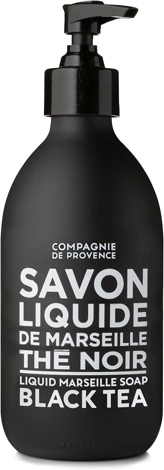 La Compagnie de Provence Marseille soap liquid soap bottle front view with black tea scent.
