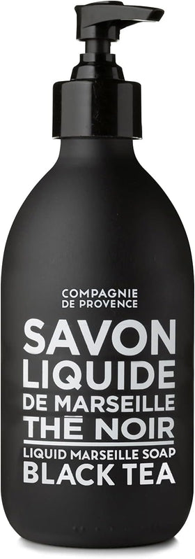 La Compagnie de Provence Marseille soap liquid soap bottle front view with black tea scent.