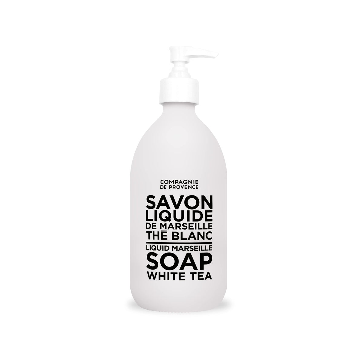 La Compagnie de Provence white tea bottle with pump for daily hand washing.