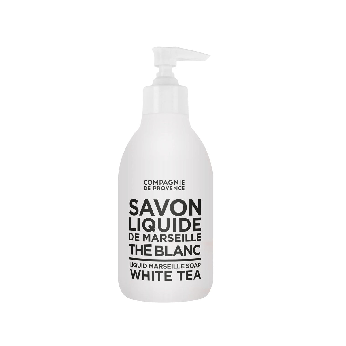 La Compagnie de Provence white tea soap bottle with pump for daily handwashing.
