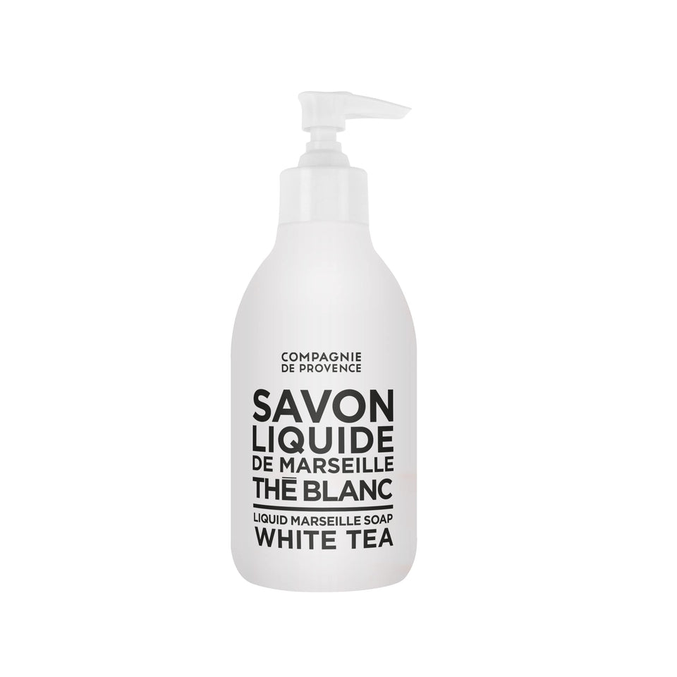 La Compagnie de Provence white tea soap bottle with pump for daily handwashing.