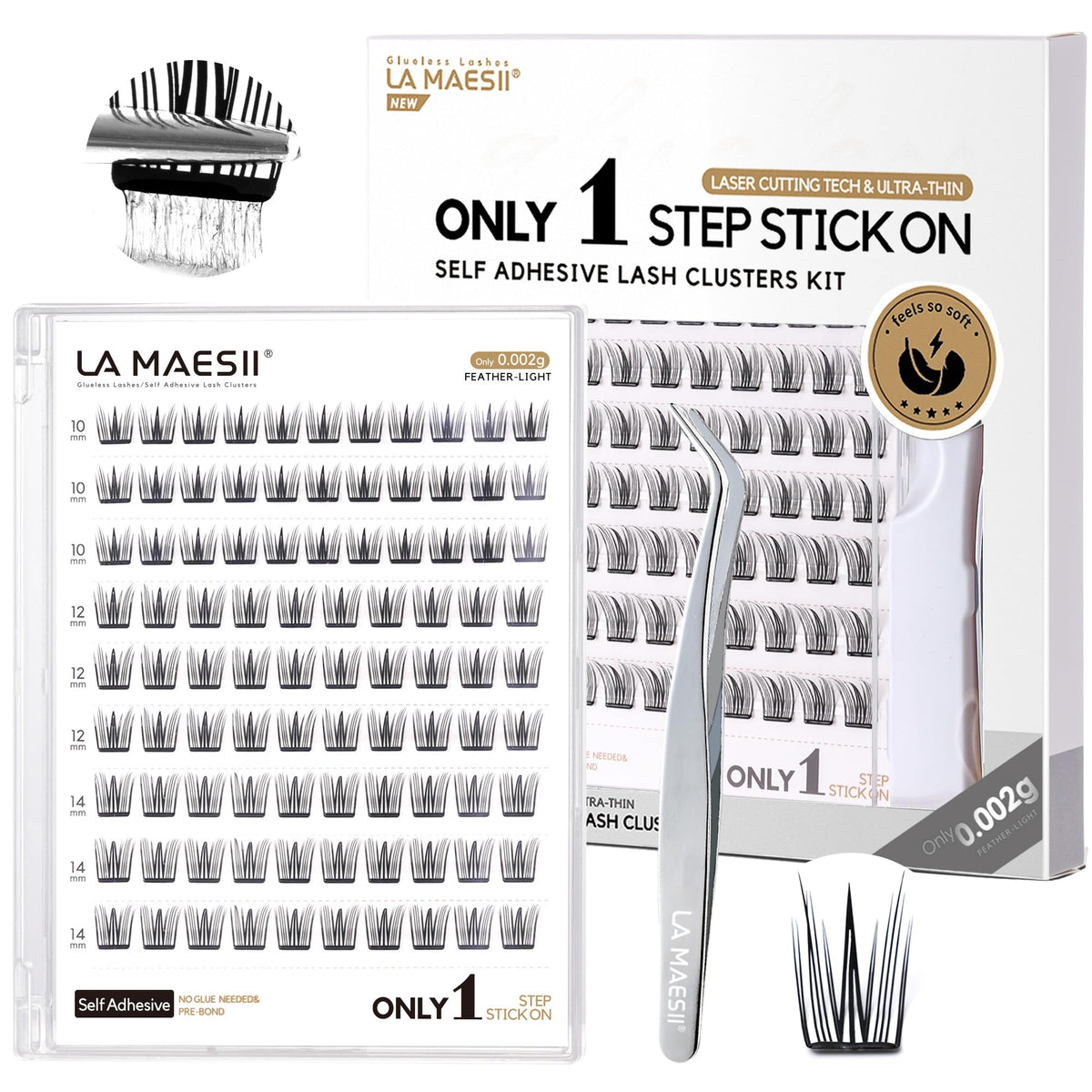 La Maesii self-adhesive eyelash kit case with 99 clusters for effortless on-the-go lash styling.