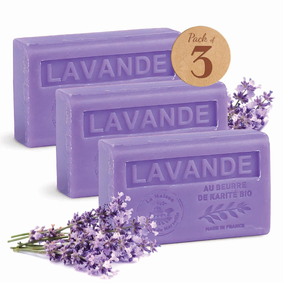 La Maison du Savon de Marseille lavender bar trio for moisturizing hand and body care.