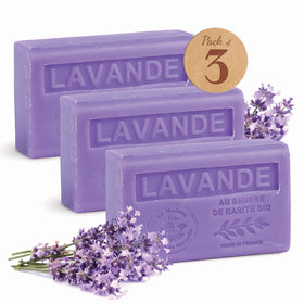 La Maison du Savon de Marseille lavender bar trio for moisturizing hand and body care.