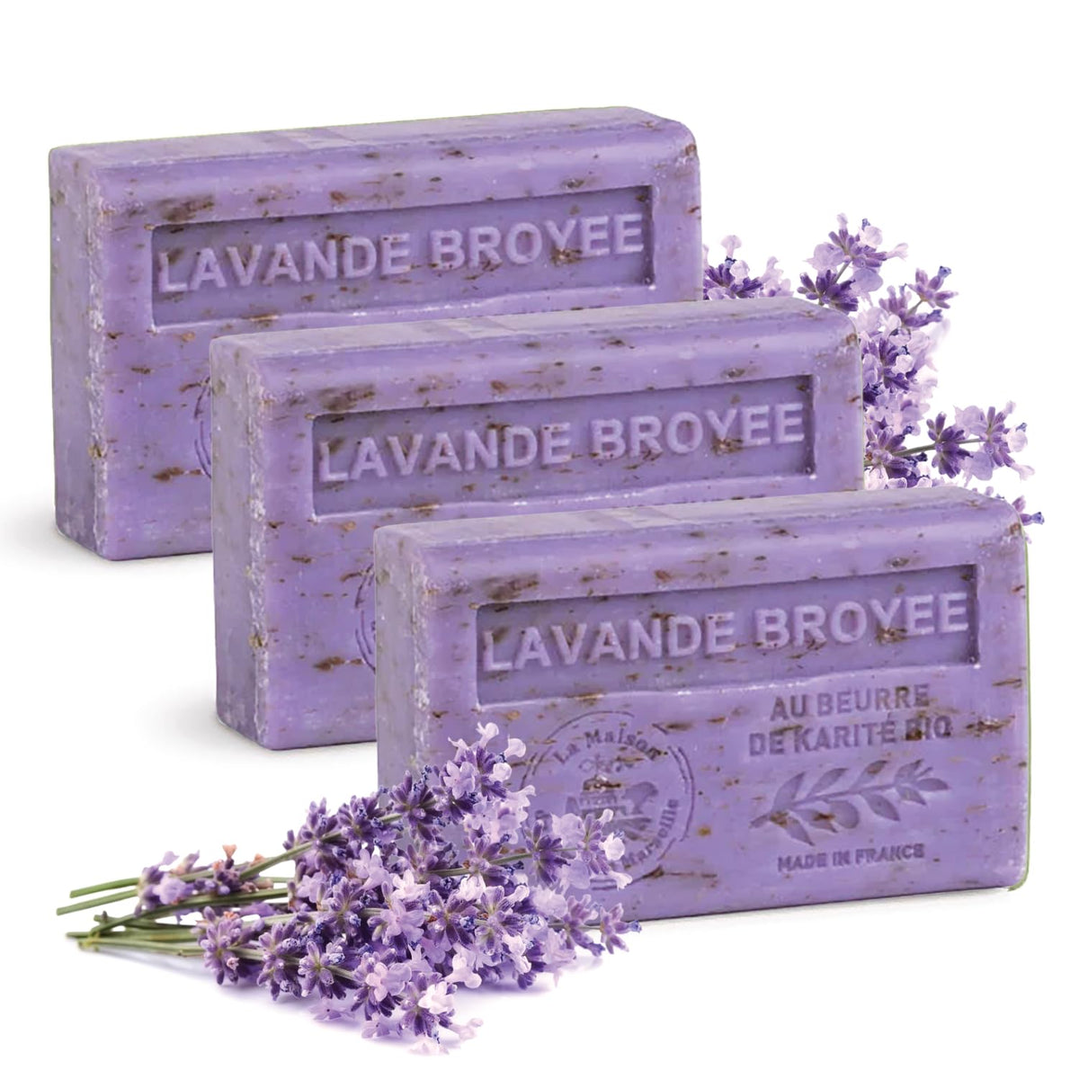 La Maison du Savon de Marseille lavender exfoliating bar packaging close-up, highlighting premium triple-milled texture and Provençal craftsmanship.