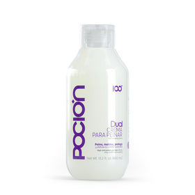 La Pocion dual styling cream bottle providing heat protection and frizz control