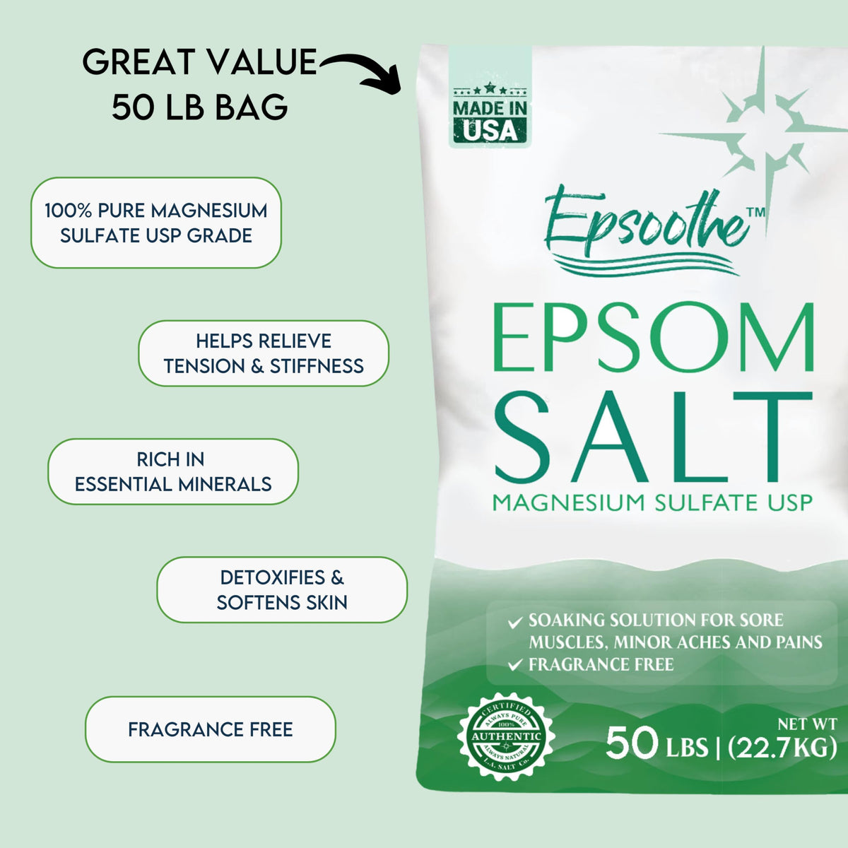 LA SALT CO Epsom salt pours into a tub for a relaxing bath.