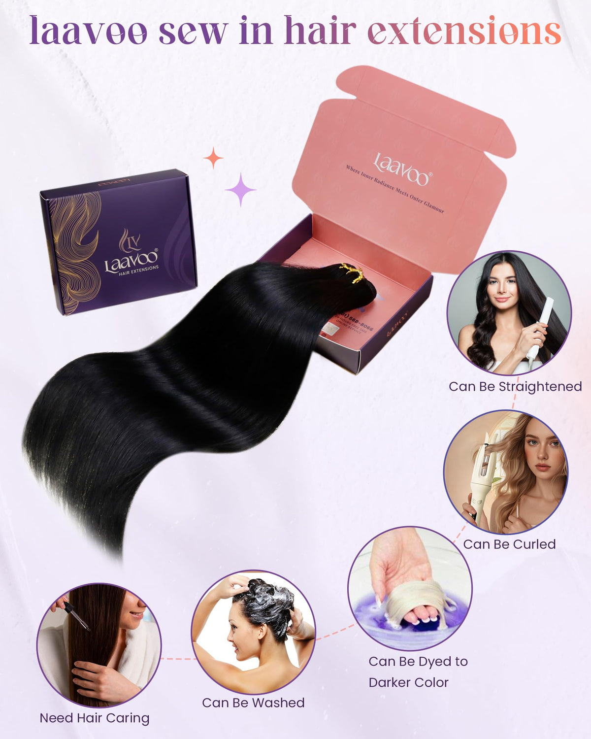 LaaVoo extensions support four wearing methods including sew-in and clip-in
