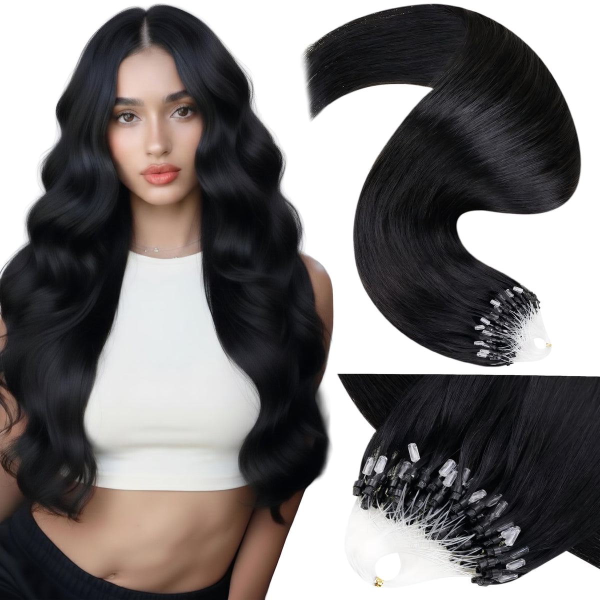 LaaVoo jet-black microlink extensions add natural length.