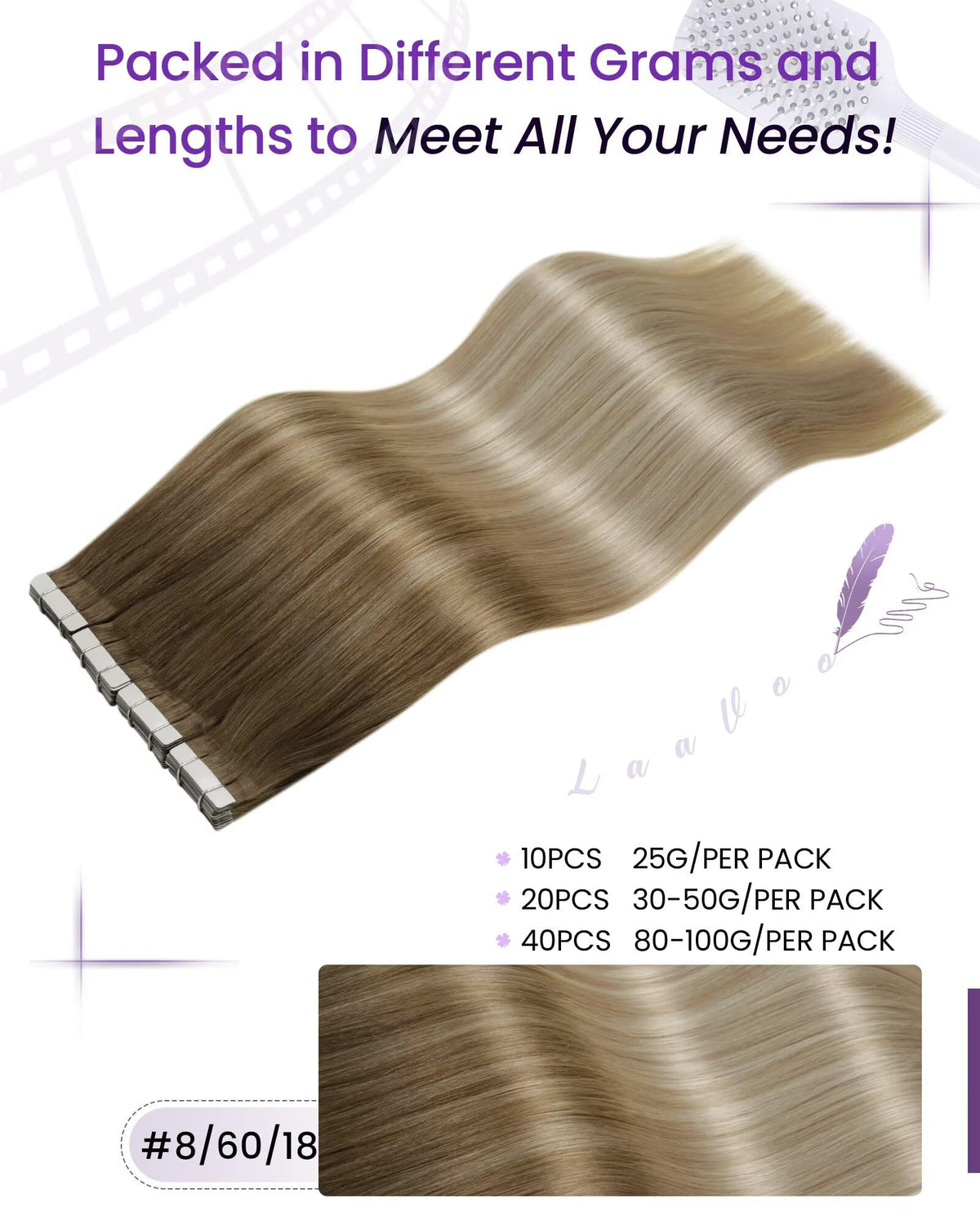 LaaVoo tape-in extensions light brown ash blonde front view for versatility.