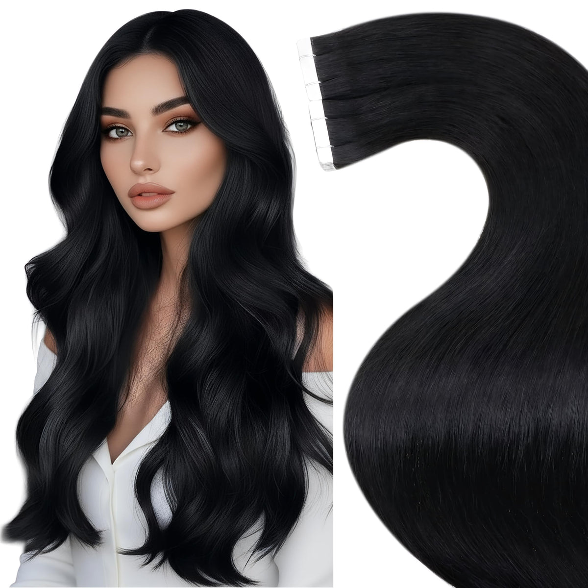 LaaVoo tape-in hair extensions 18in black pack contents show included tapes for easy reuse