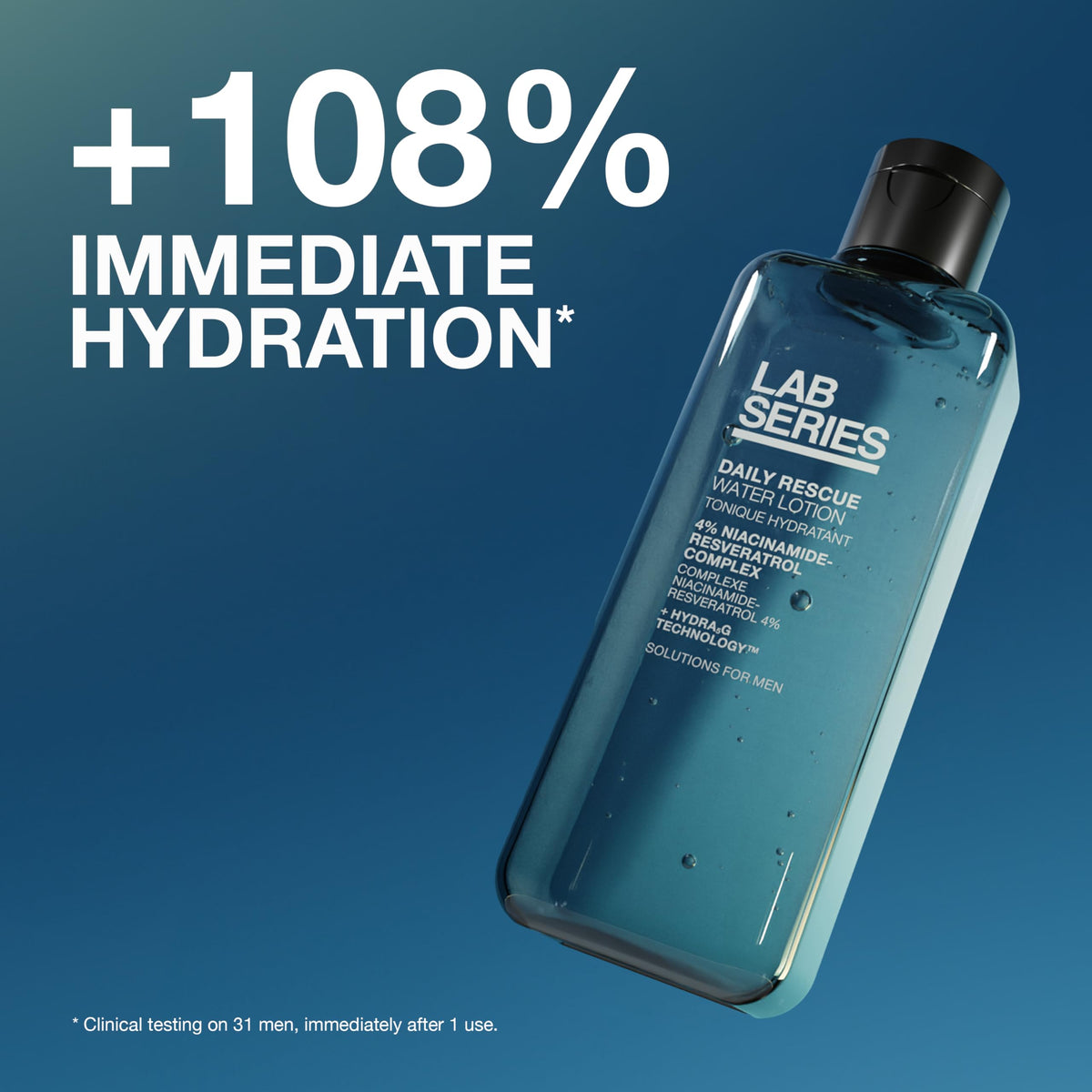 Lab Series Daily Rescue Water Lotion front label highlighting Niacinamide and Resveratrol.