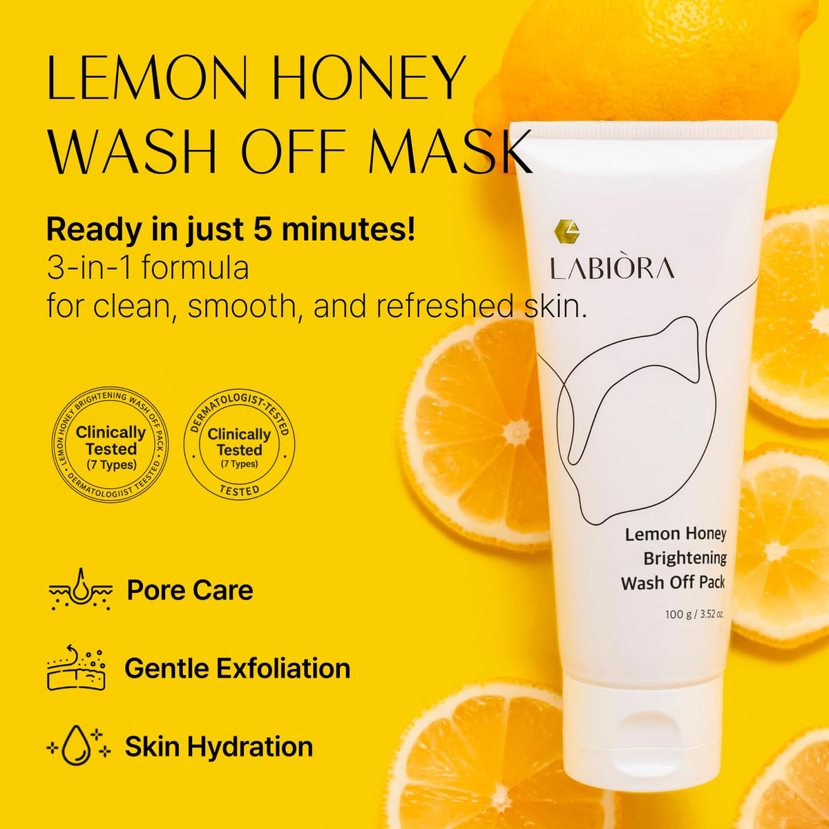 Labiora lemon honey face mask being applied to damp skin for gentle exfoliation.