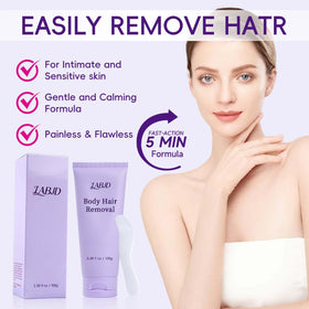 LABJD hair removal cream tube beside towel for easy at-home routine.