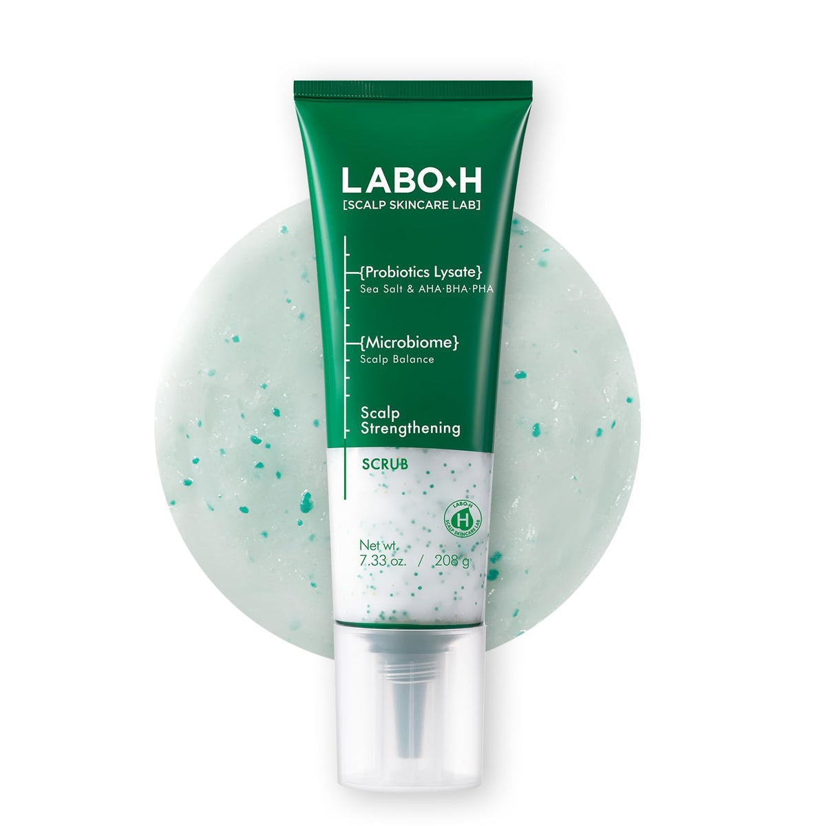 LABO-H Scalp Strengthening Scrub bottle front highlighting vegan formula for refreshed scalp