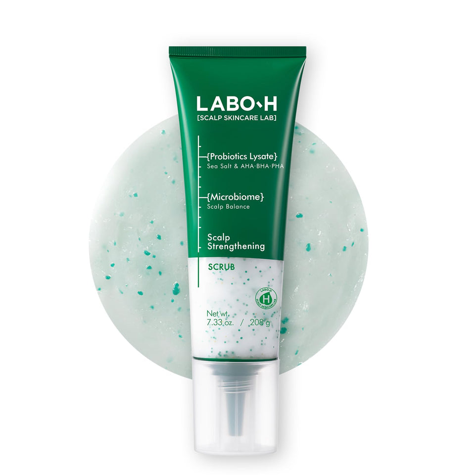 LABO-H Scalp Strengthening Scrub bottle front highlighting vegan formula for refreshed scalp