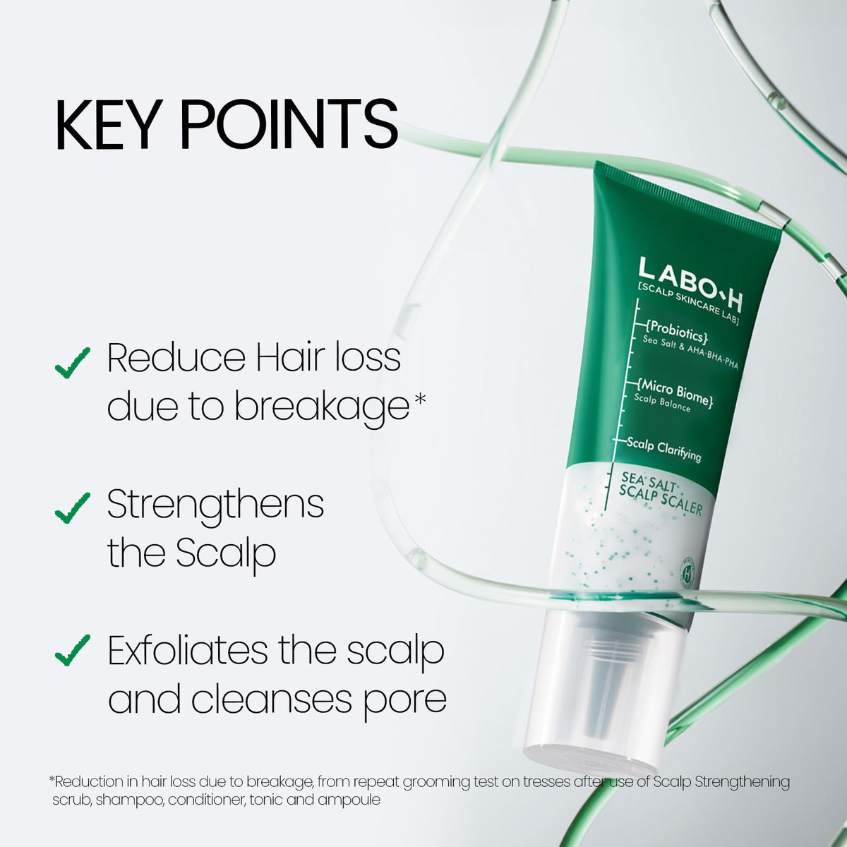 LABO-H Scalp Strengthening Scrub bottle pour showing mineral rich sea salt benefits on scalp