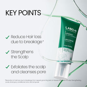LABO-H Scalp Strengthening Scrub bottle pour showing mineral rich sea salt benefits on scalp