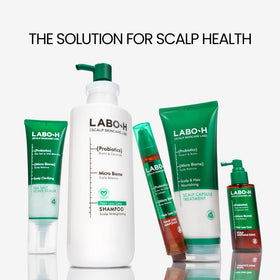 LABO-H Vegan ingredients flat lay demonstrates clean sulfate free formula for sensitive scalps