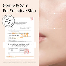 Laboreve PeachMicrobiome 84 EGF Serum application scene with peach-toned packaging and soothing vibe.