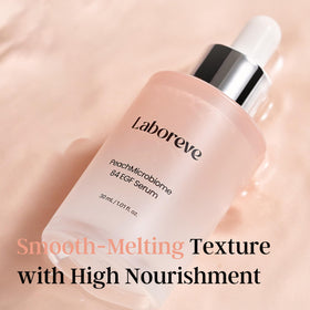 Laboreve PeachMicrobiome 84 EGF Serum dispensing showcase illustrates easy, mess-free daily use.